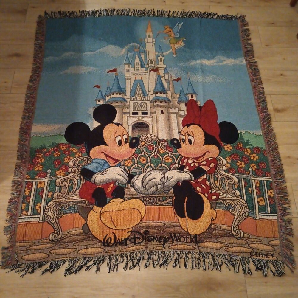 Vintage Walt Disney World Mickey Minnie Mouse Woven Tapestry Blanket 50x60